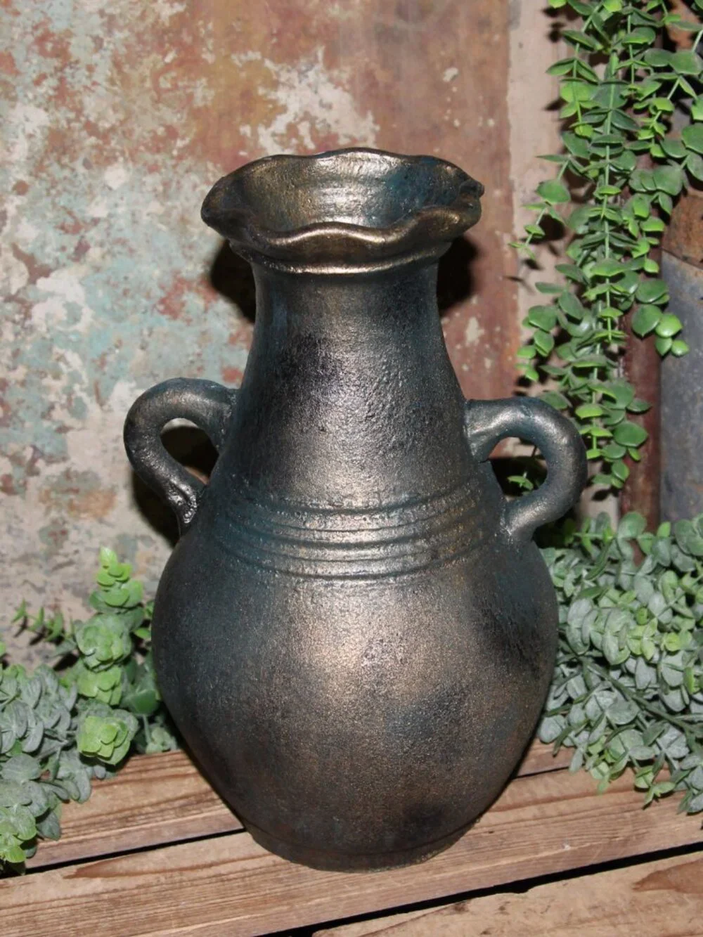 Large Dark Moody Teal Gold & Black Old World French Country Pottery Vessel Vase